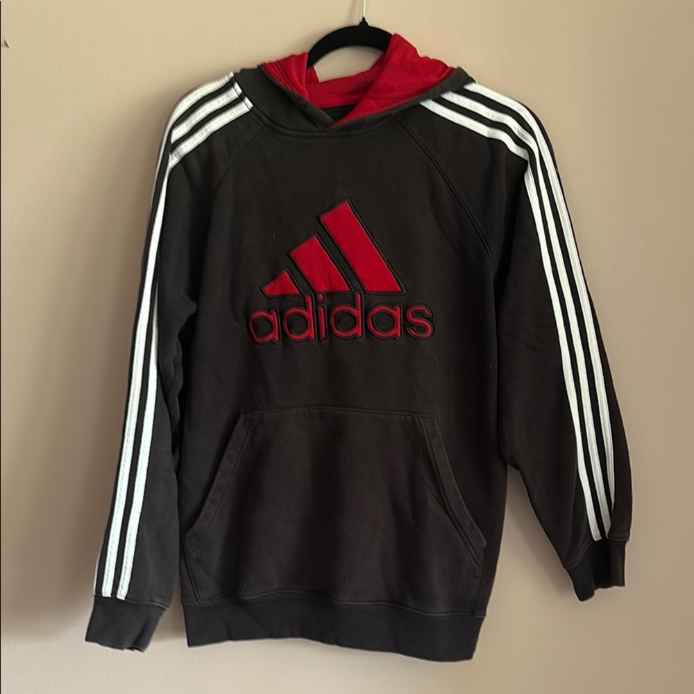 Adidas Mens Black Hoodie with Red and White Accents